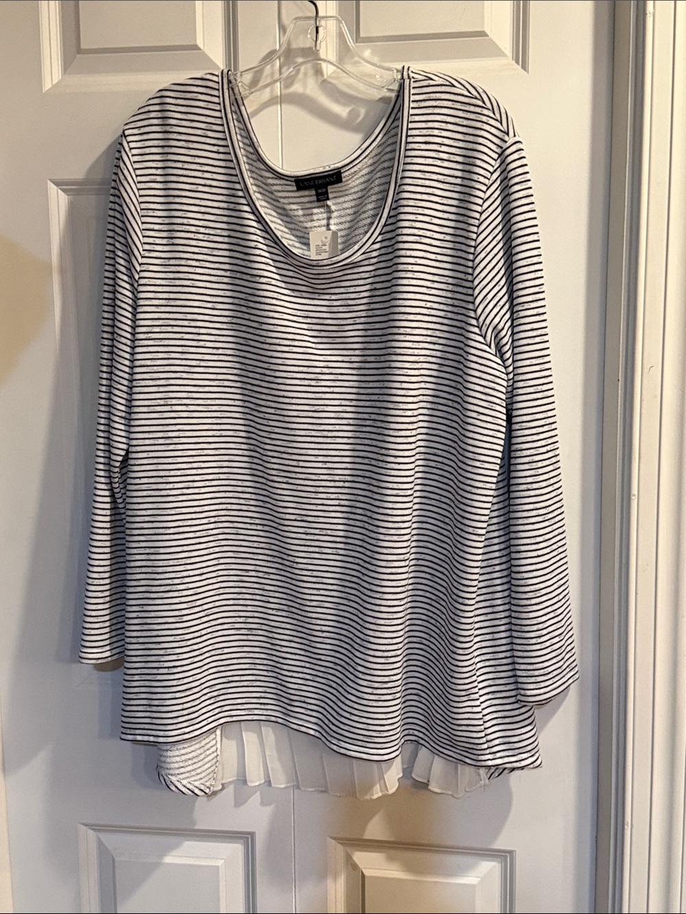 Lane Bryant White & Navy Striped Long Sleeve Top with Pleated Hem